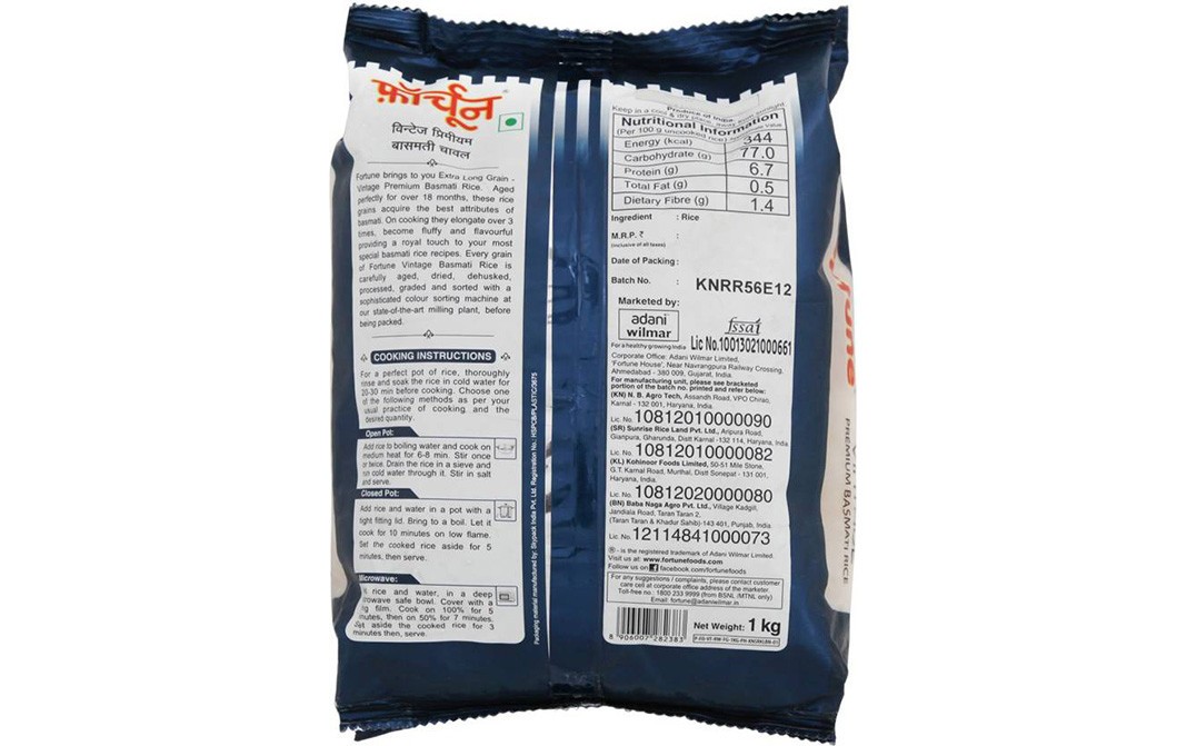 Fortune Vingate Extra Long Grain, Premium Basmati Rice   Pack  1 kilogram